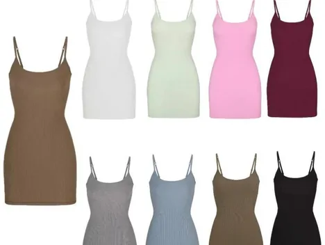 Fitted slip dresses in brown, white, mint, pink, wine, grey, blue, olive and black