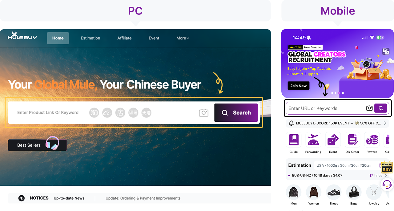Find the original seller link: Historical search fields on desktop and mobile. The banners and displayed offers are not current price or service promises.