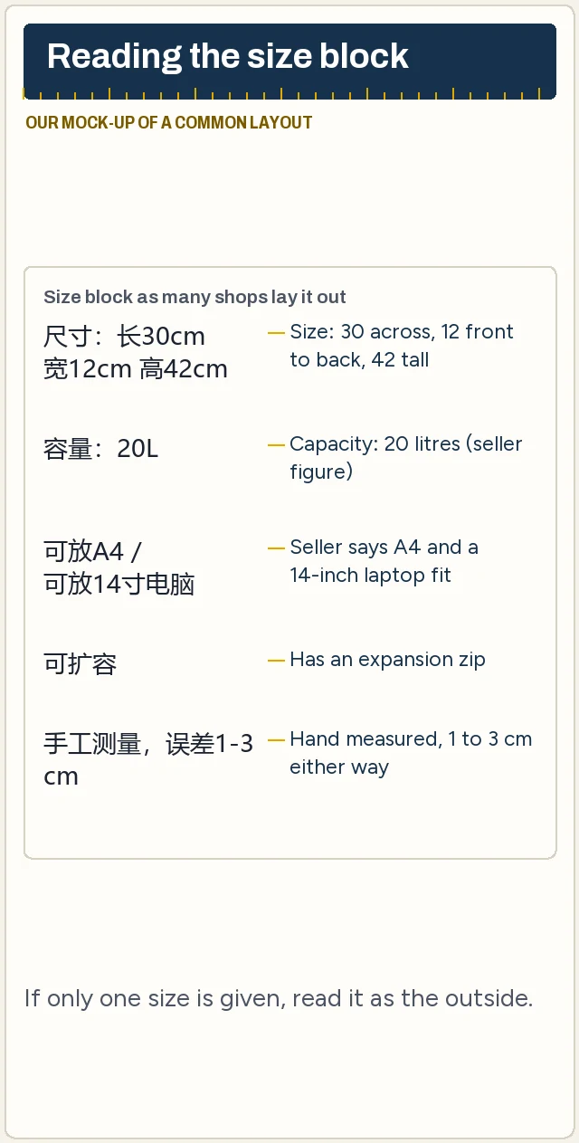 Mock listing size block with Chinese terms for length, thickness, height, capacity and A4, each translated beside it