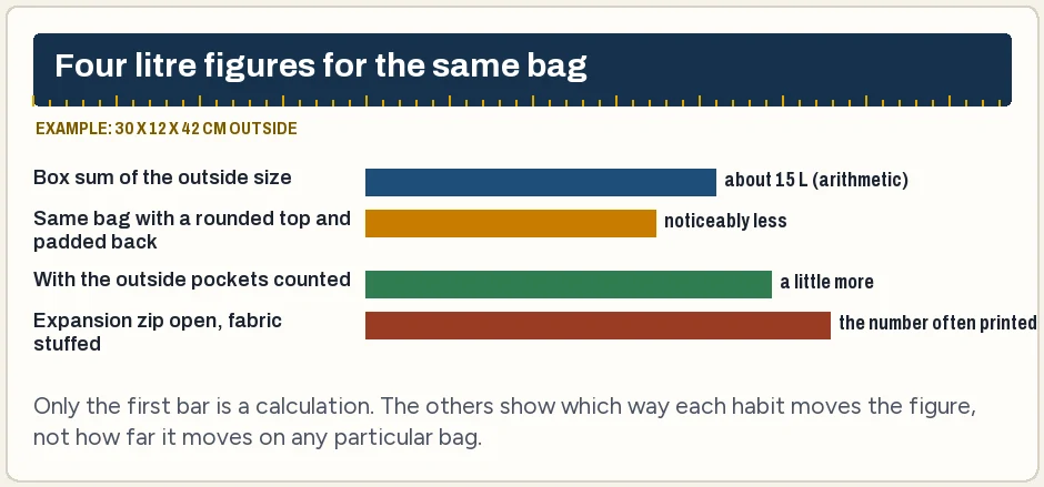Bar chart comparing four litre figures for one illustrative bag: box sum, rounded shape, pockets added and expansion open