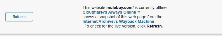 Cloudflare banner shown in place of mulebuy.com, reading that the website is currently offline