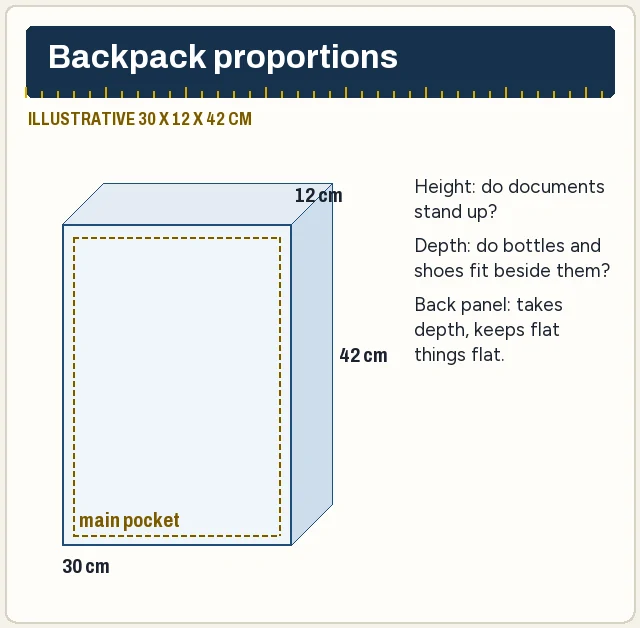 Backpack drawn as a box 30 cm wide, 12 cm deep and 42 cm tall, with notes on height, depth and the back panel